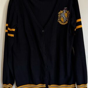 Black Cardigan with Yellow Crest and Stripe Accents